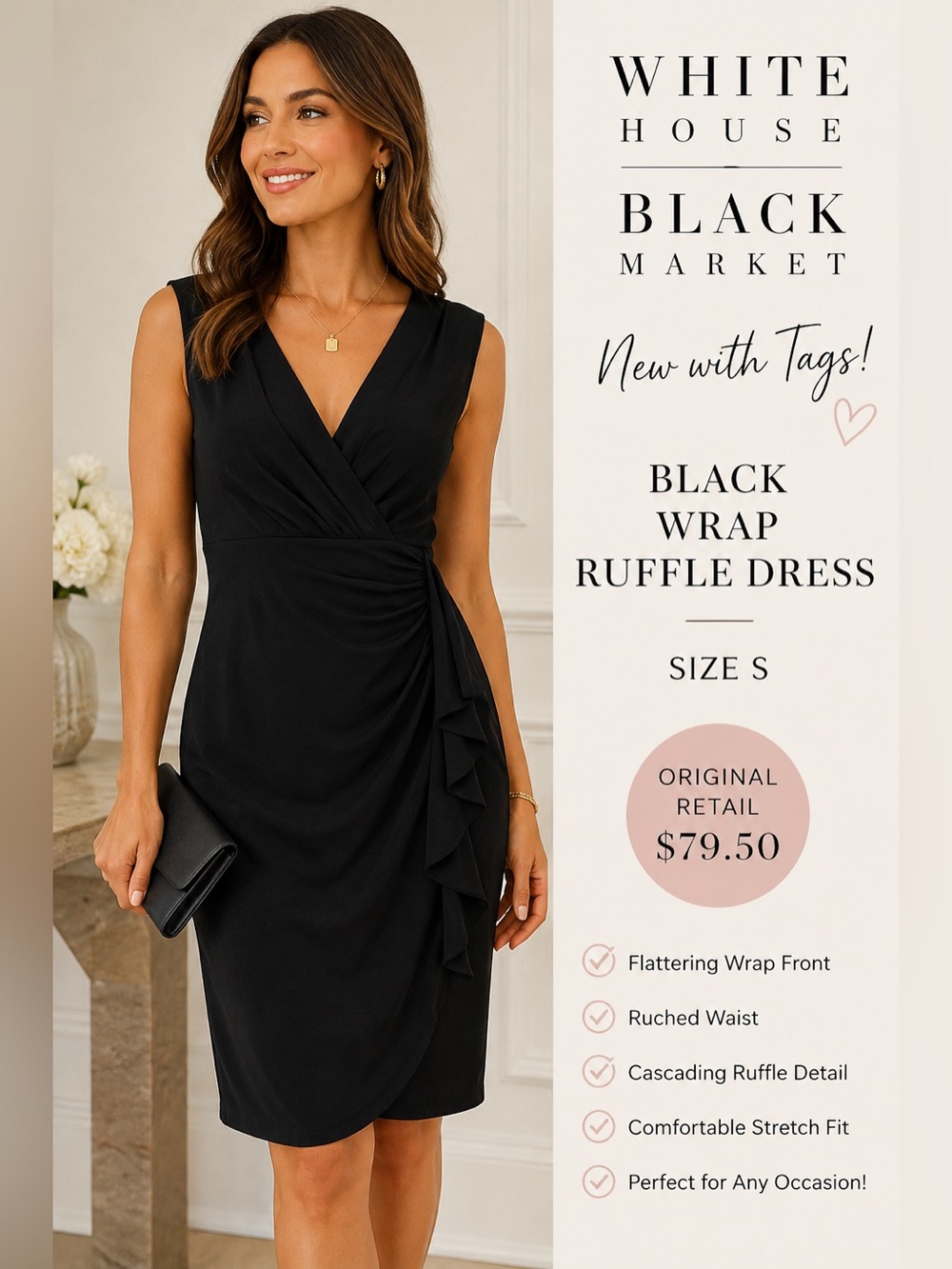 White House Black Market Black Wrap Ruffle Sheath Dress Size S NWT $79.50